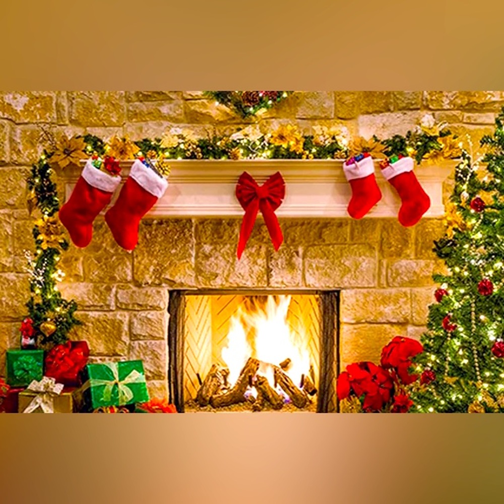 Funnytree 7x5ft Christmas Fireplace Backdrop Interior Vintage Xmas Tree Stocking